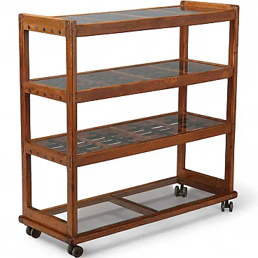 Central bookcase with beech wood wheels and glass, 20th century
