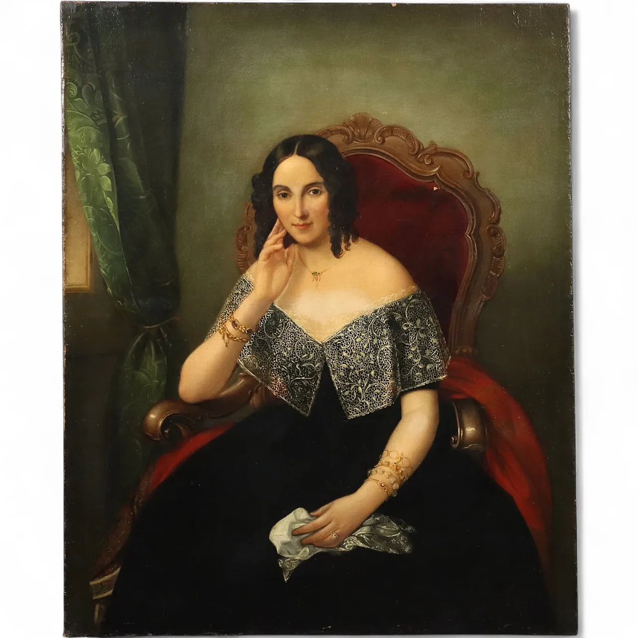 Lady seated in an armchair, oil on canvas, Italian school,19th century 11