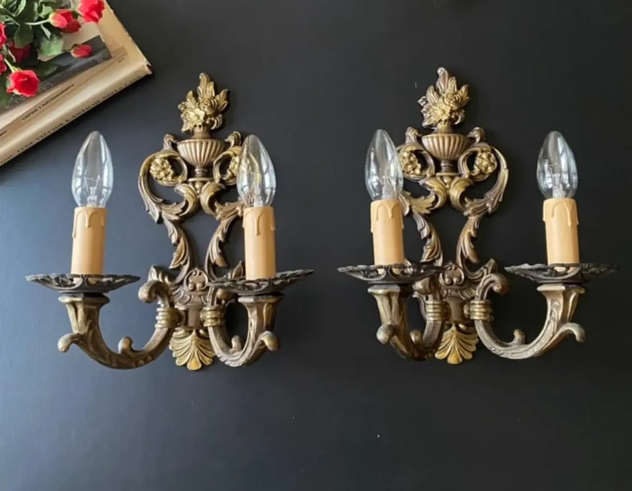 Pair of brass and bronze sconces, 1960s 1