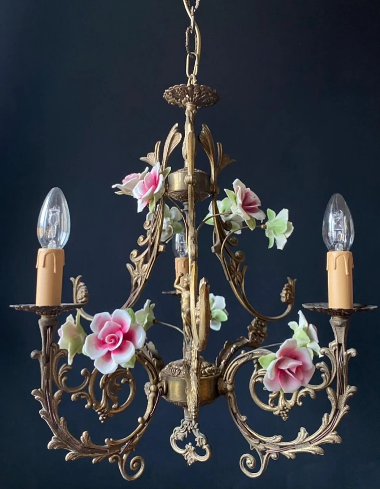 Chandelier with ceramic roses and cherubino, 1960s 1