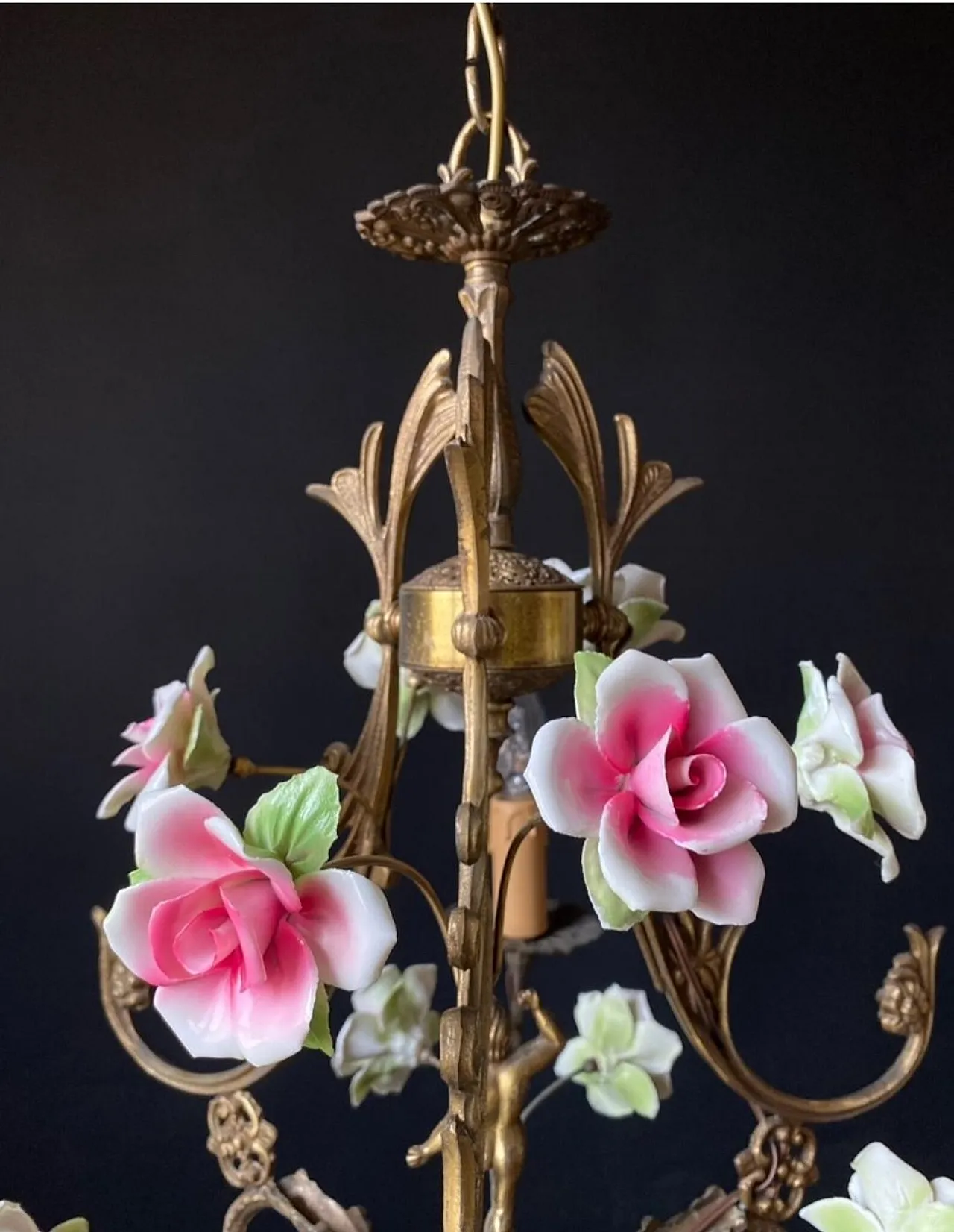 Chandelier with ceramic roses and cherubino, 1960s 2