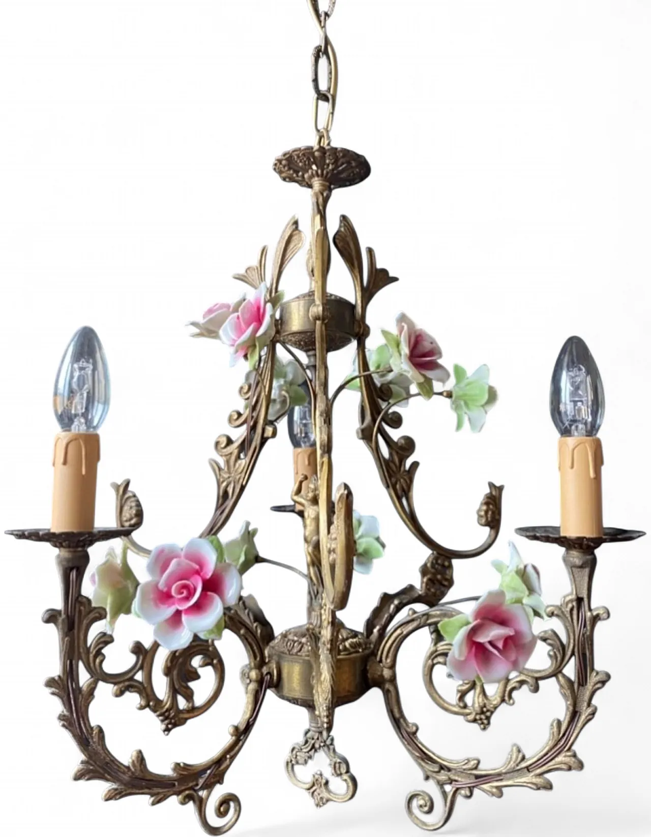 Chandelier with ceramic roses and cherubino, 1960s 5