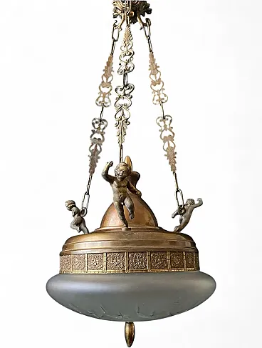 Brass and glass chandelier with putti, 1960s