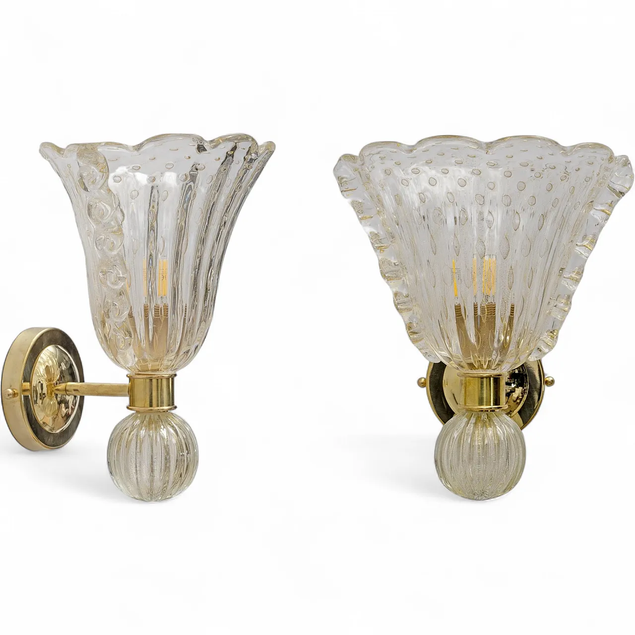 Brass and pulegoso murano glass pair of sconces, 2000s 10