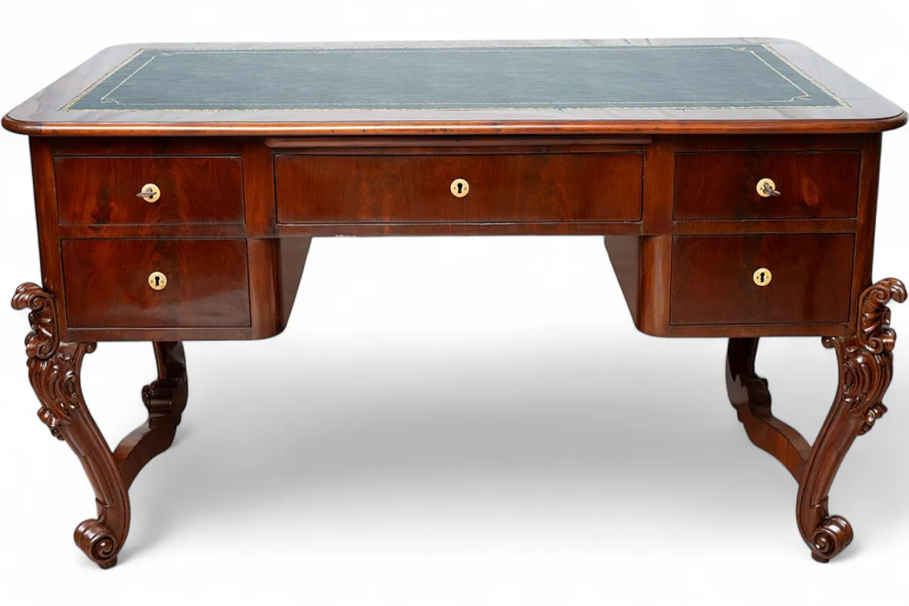 Scrivania Luigi Filippo in piuma di mogano con piano, primo '800 4