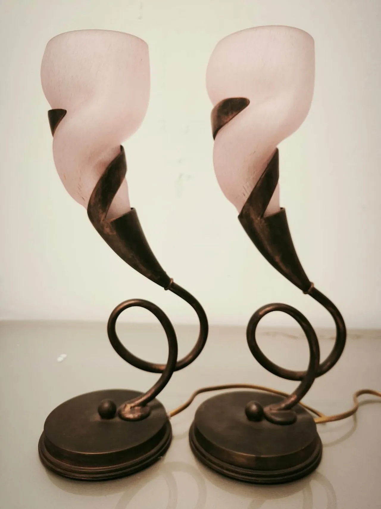 Pair of brass lamps with pink glass shade, 1980s 1
