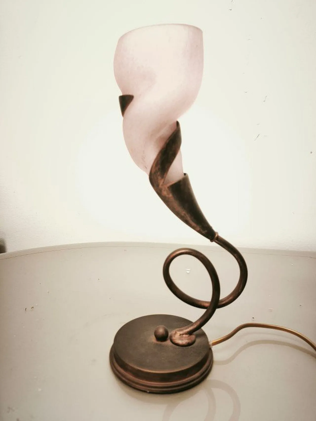 Pair of brass lamps with pink glass shade, 1980s 2