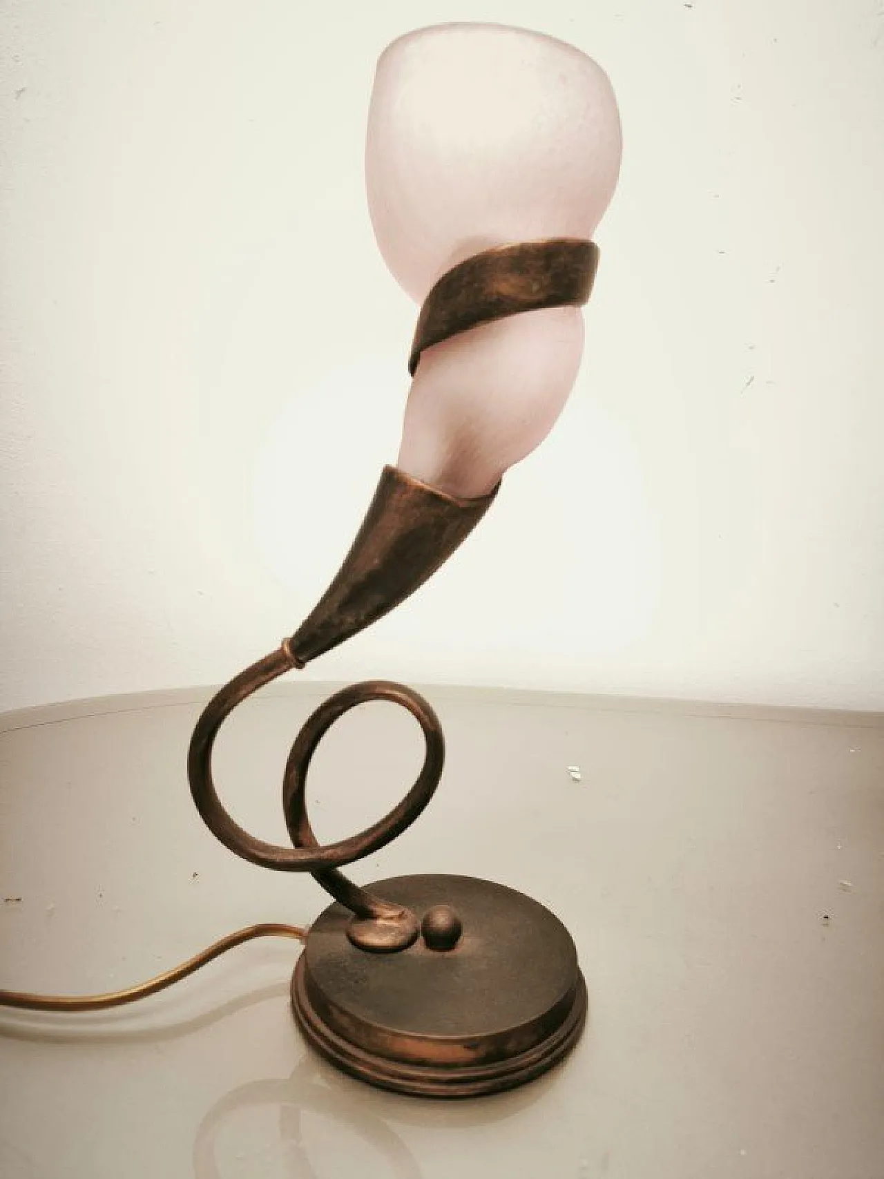 Pair of brass lamps with pink glass shade, 1980s 3