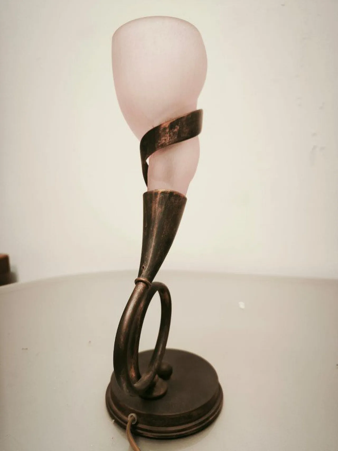 Pair of brass lamps with pink glass shade, 1980s 6