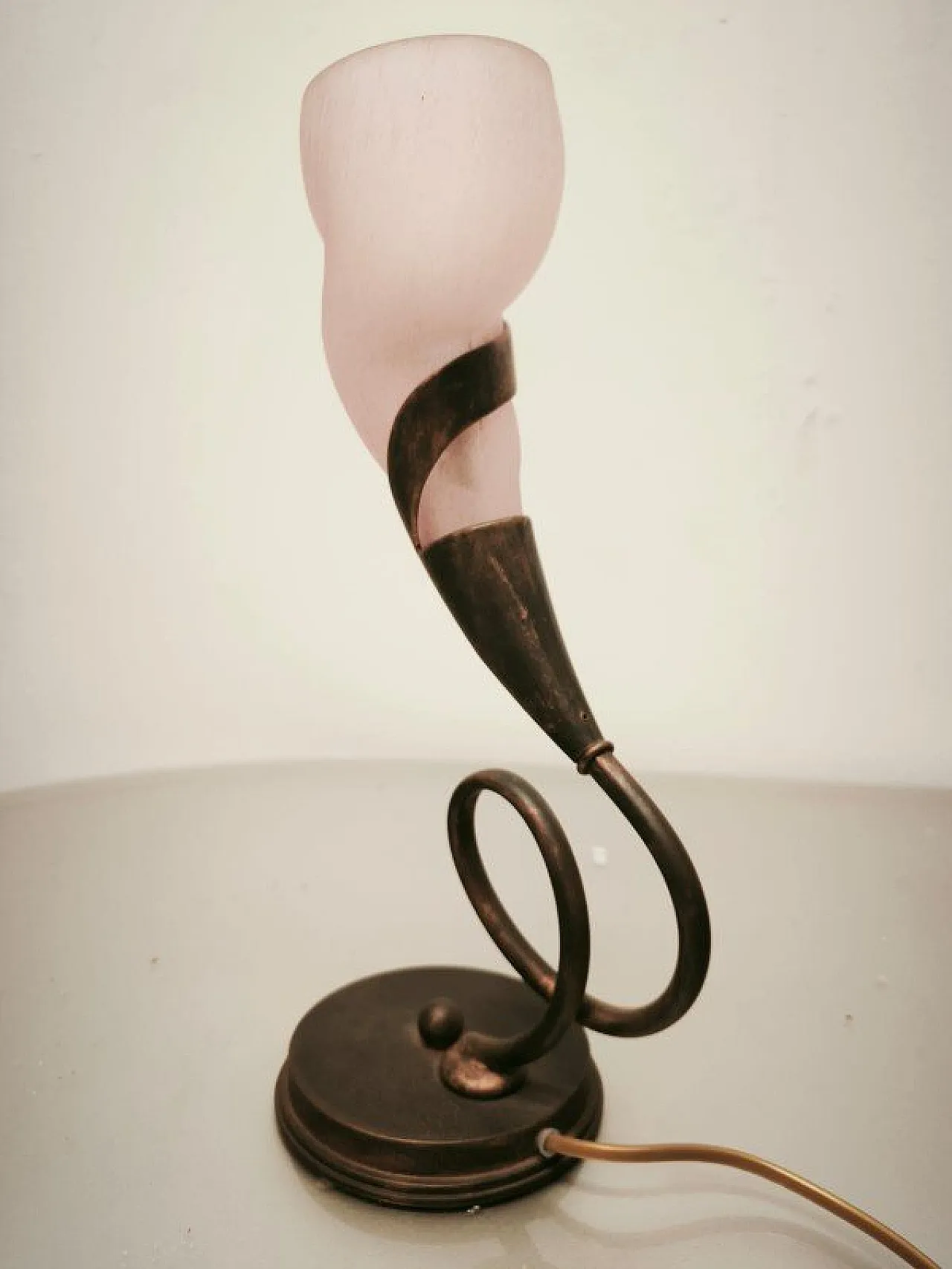 Pair of brass lamps with pink glass shade, 1980s 7