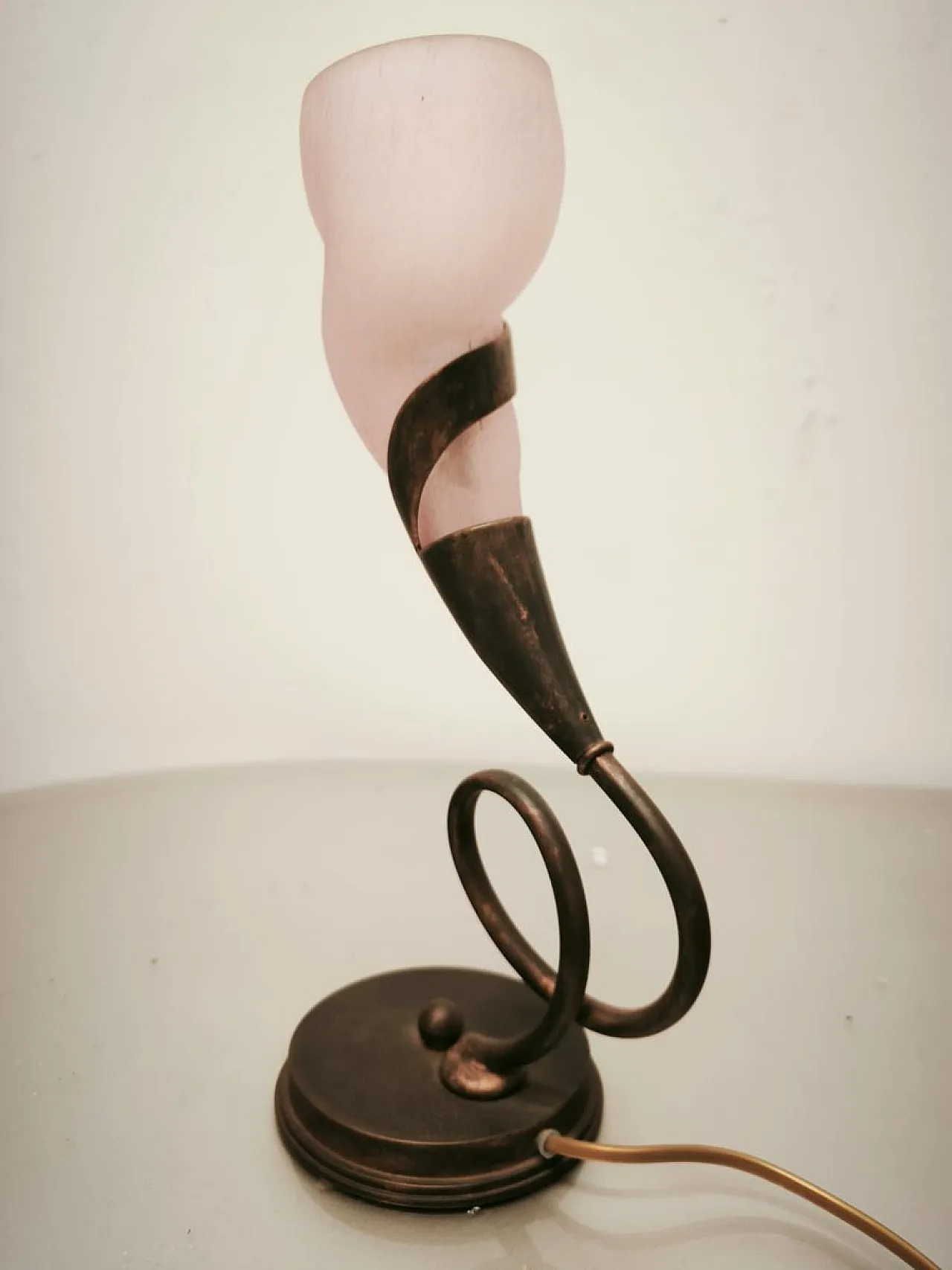 Pair of brass lamps with pink glass shade, 1980s 8