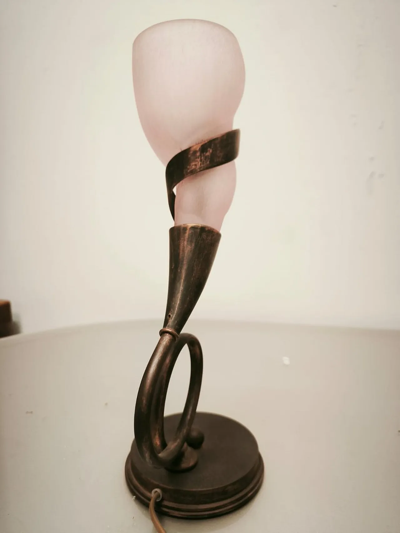 Pair of brass lamps with pink glass shade, 1980s 9