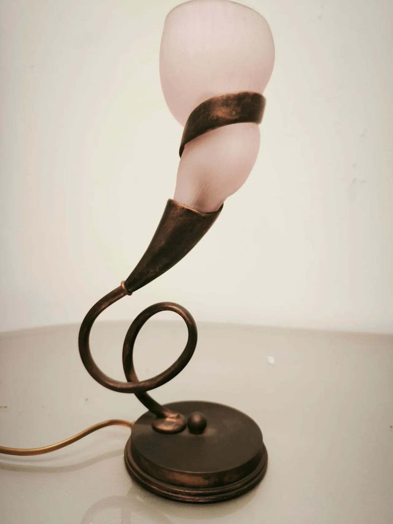 Pair of brass lamps with pink glass shade, 1980s 11