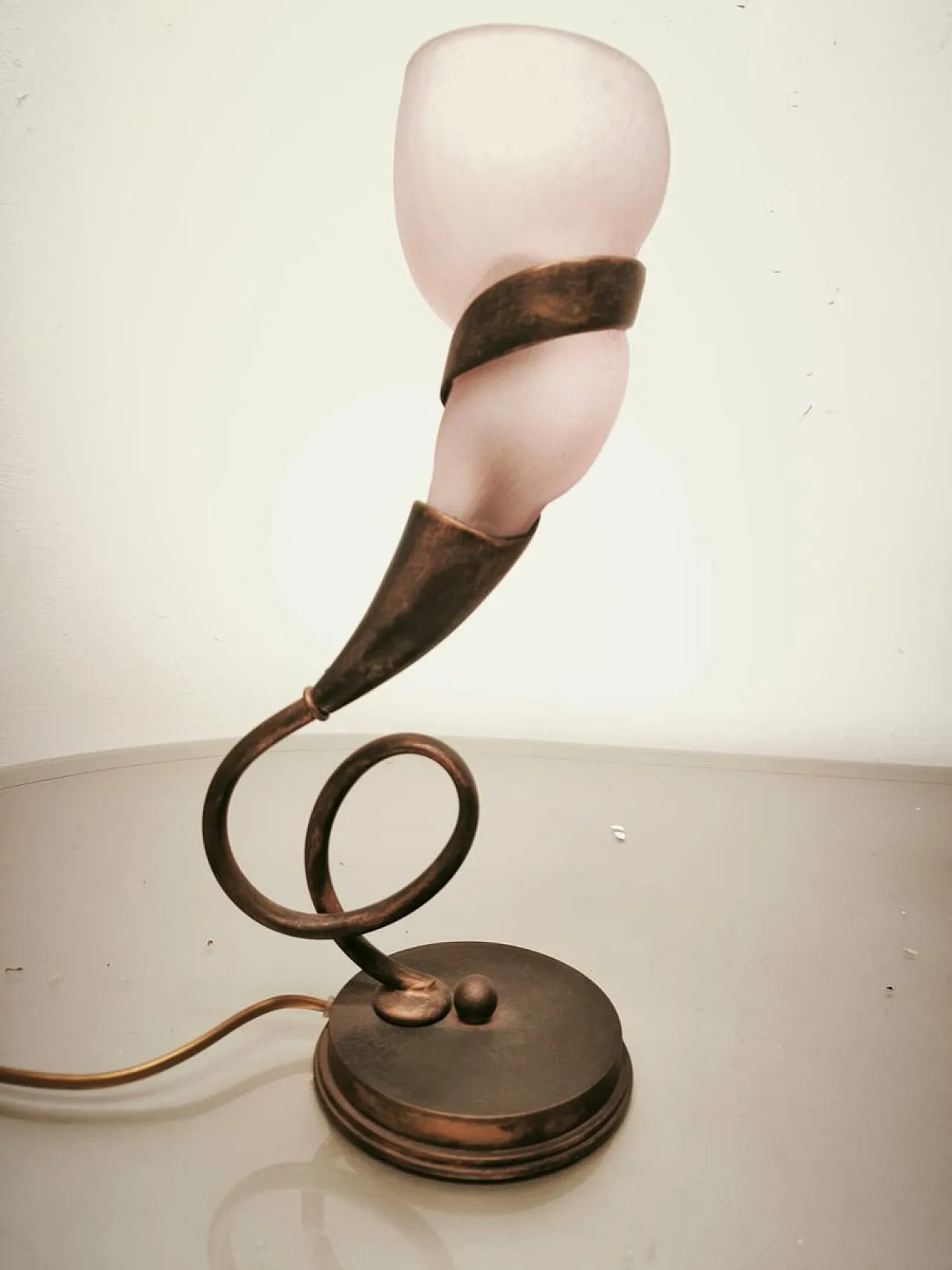 Pair of brass lamps with pink glass shade, 1980s 13