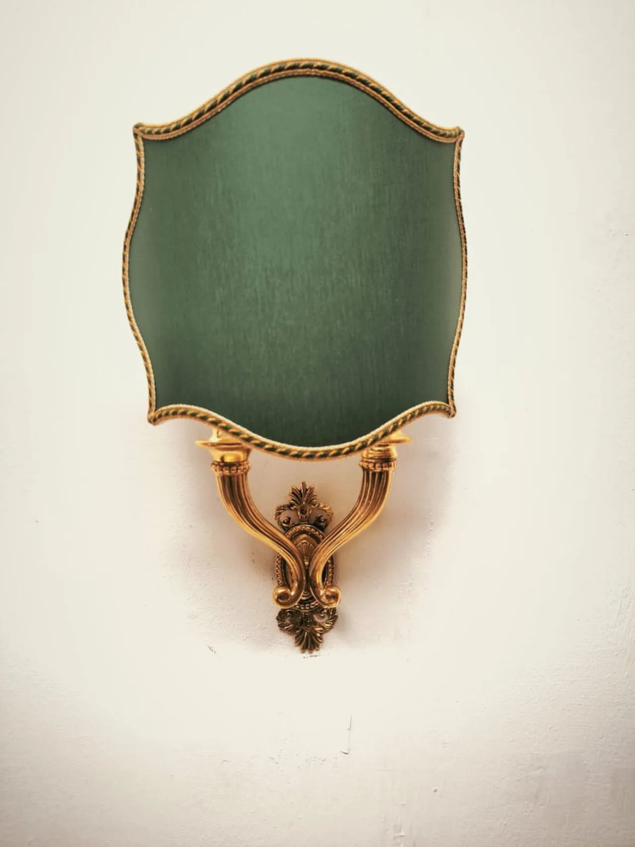 Double-light wall lamp with green fabric fan, 1940s 1