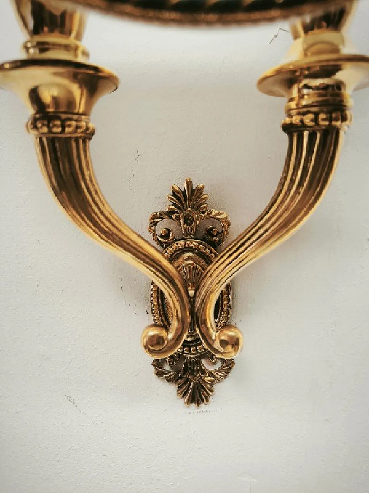 Double-light wall lamp with green fabric fan, 1940s 10