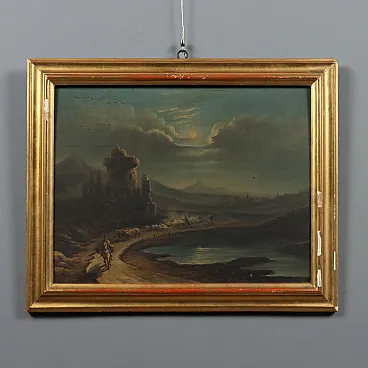 Flat landscape, oil on panel, 19th century