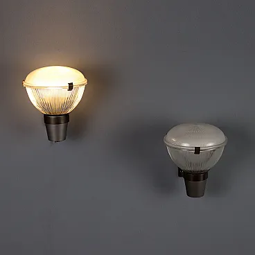 Pair of wall lamps with brass frame and glass diffuser, 20th century