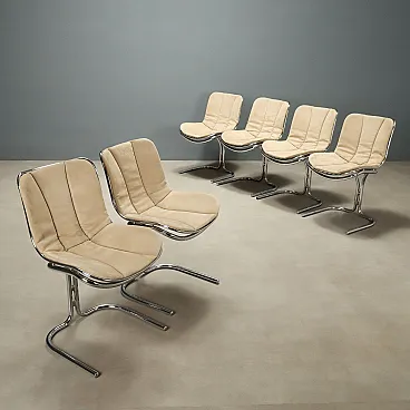 6 Sedie in metallo cromato con cuscini in espanso e tessuto, '900