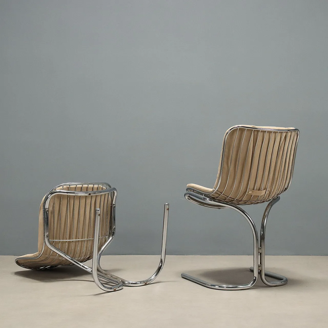 6 Sedie in metallo cromato con cuscini in espanso e tessuto, '900 9