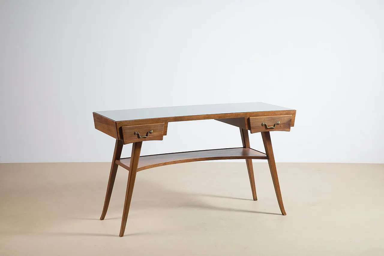 Scrivania Mid-Century in noce con ripiano in vetro, anni '50 2