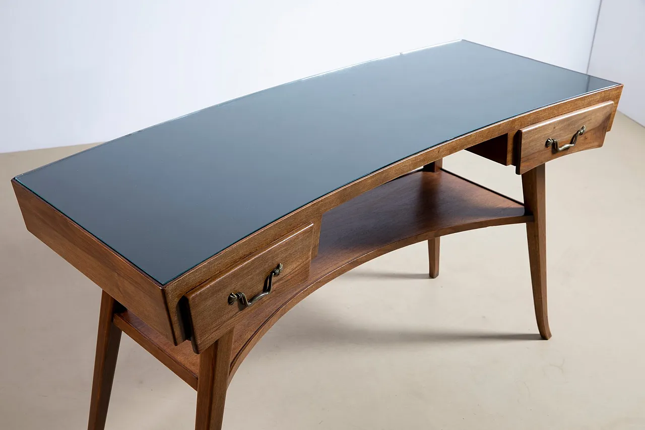 Scrivania Mid-Century in noce con ripiano in vetro, anni '50 5