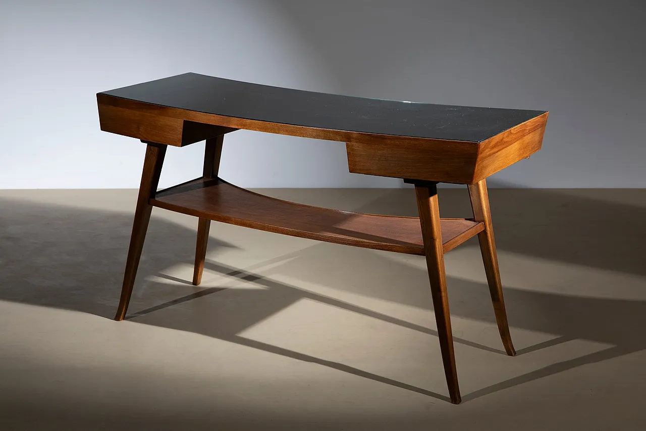 Scrivania Mid-Century in noce con ripiano in vetro, anni '50 8