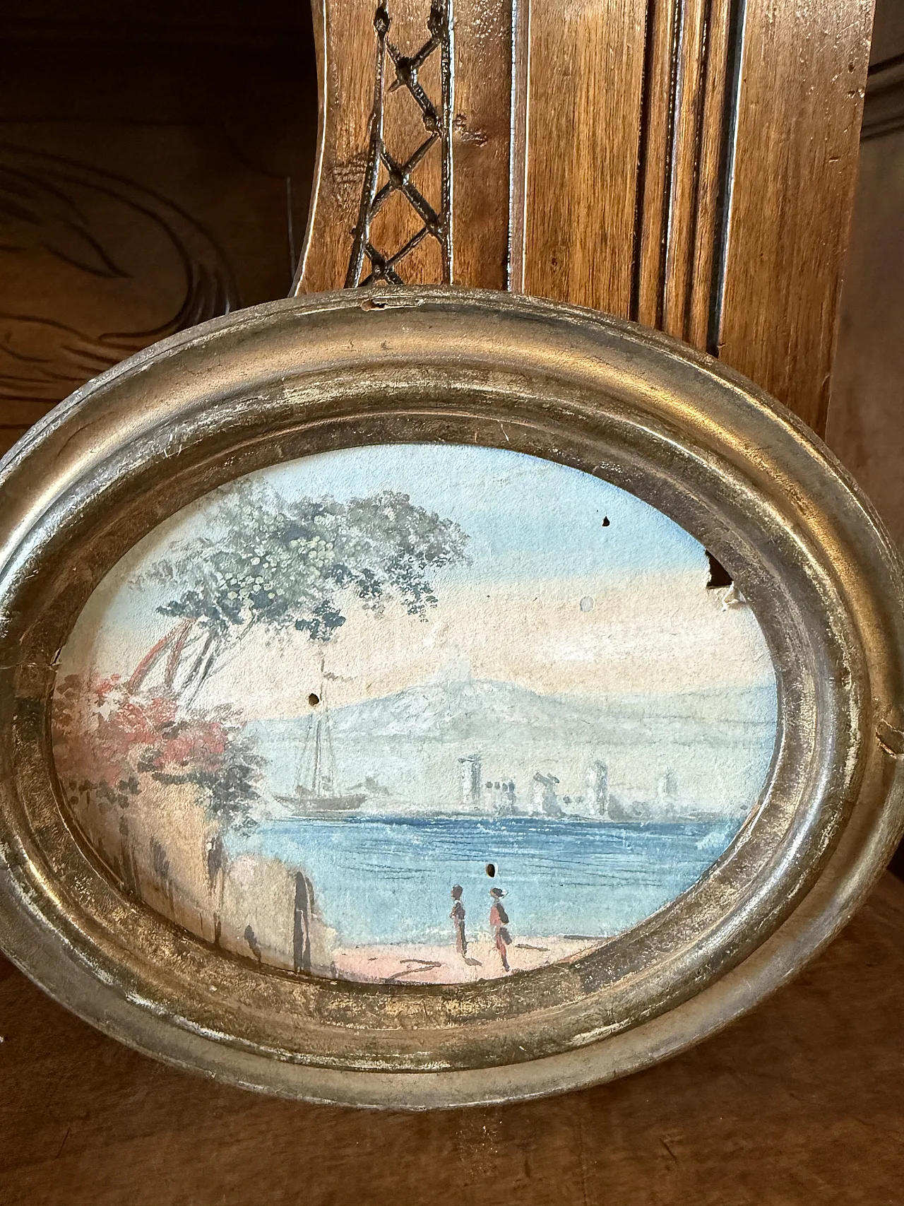 Painting on oval paper depicting seascape,  17th century 2