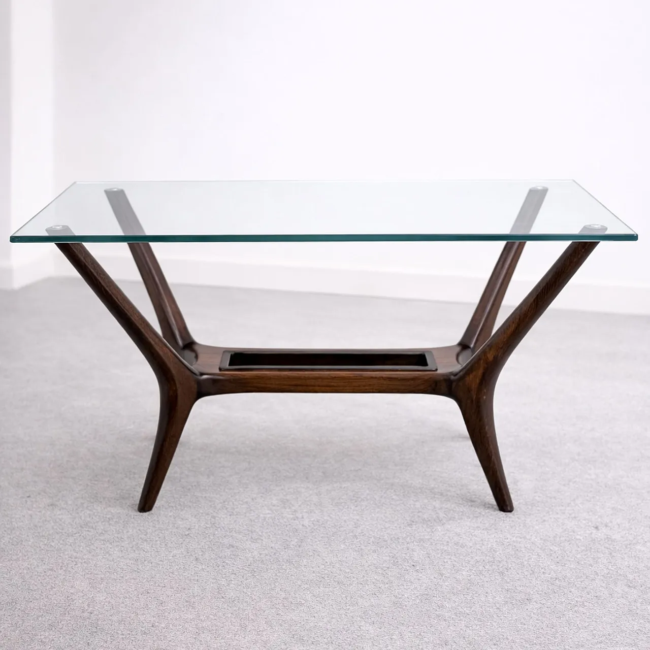Tavolo da caffè in legno e vetro italiano in stile Ico Parisi, anni 60 5