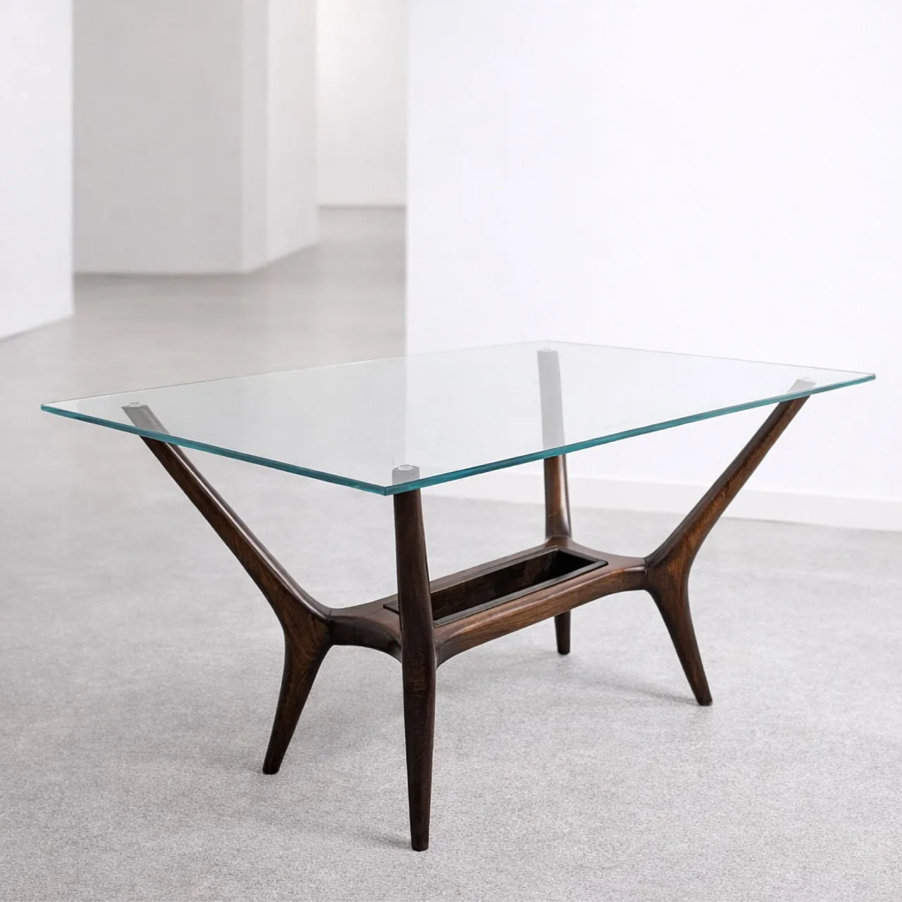 Tavolo da caffè in legno e vetro italiano in stile Ico Parisi, anni 60 7