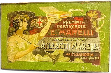 Scatola pubblicitaria in latta Biscotti Marelli, primi '900