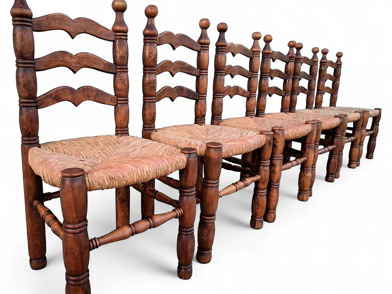 6 Rustic Peasant Wooden Chairs with Straw Seat, 20th century 10