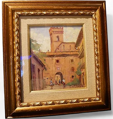 Dipinto ad olio borgo antico, anni '50