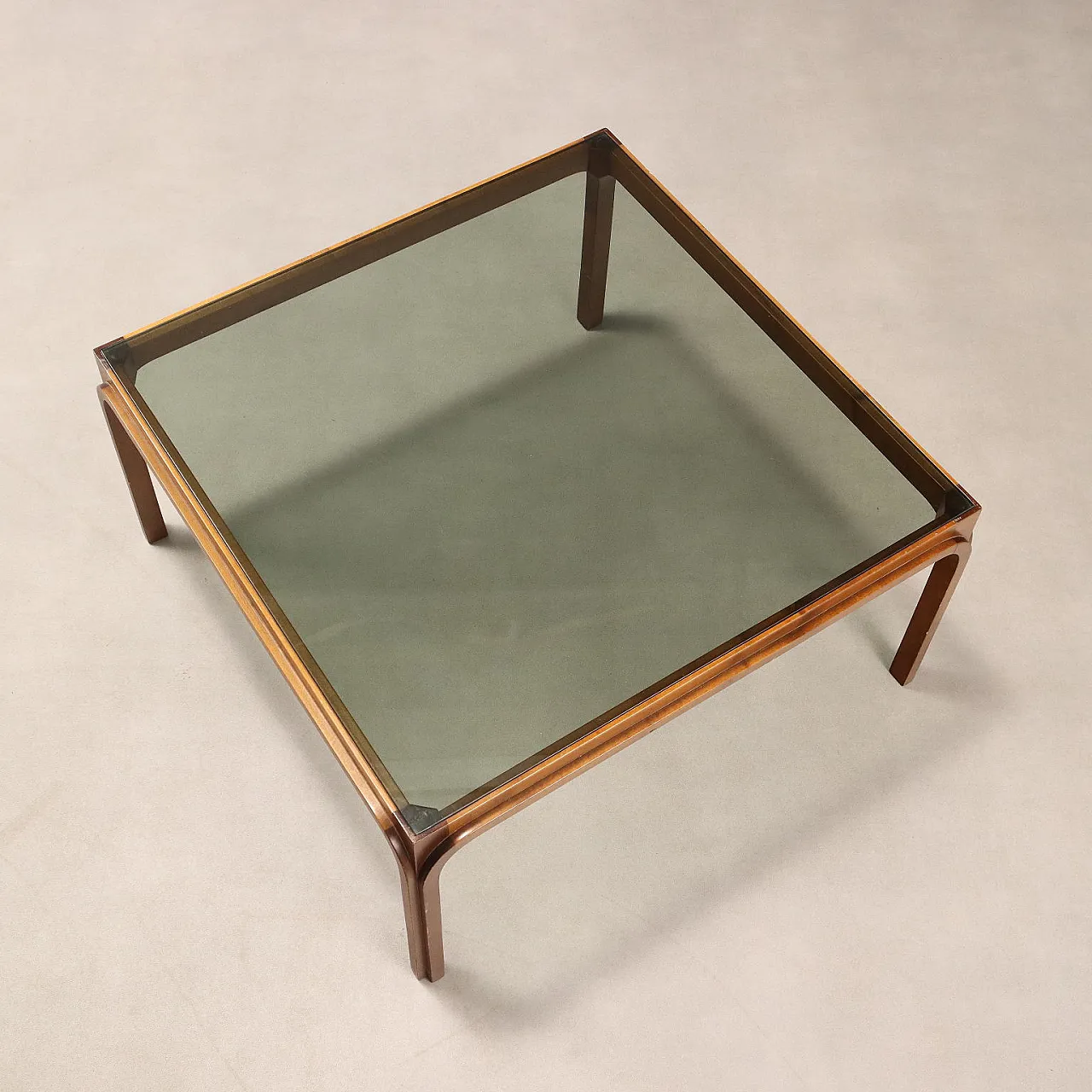 Struttura in legno di faggio tinto e piano in vetro fumé, '900 7