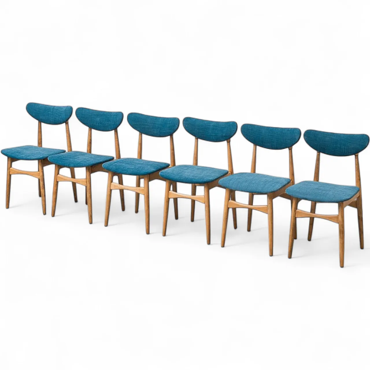 6 chairs in wood and blue fabric, 1960s 10