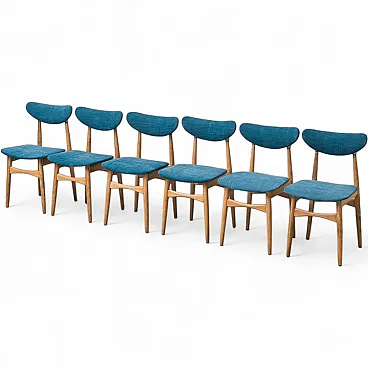6 chairs in wood and blue fabric, 1960s