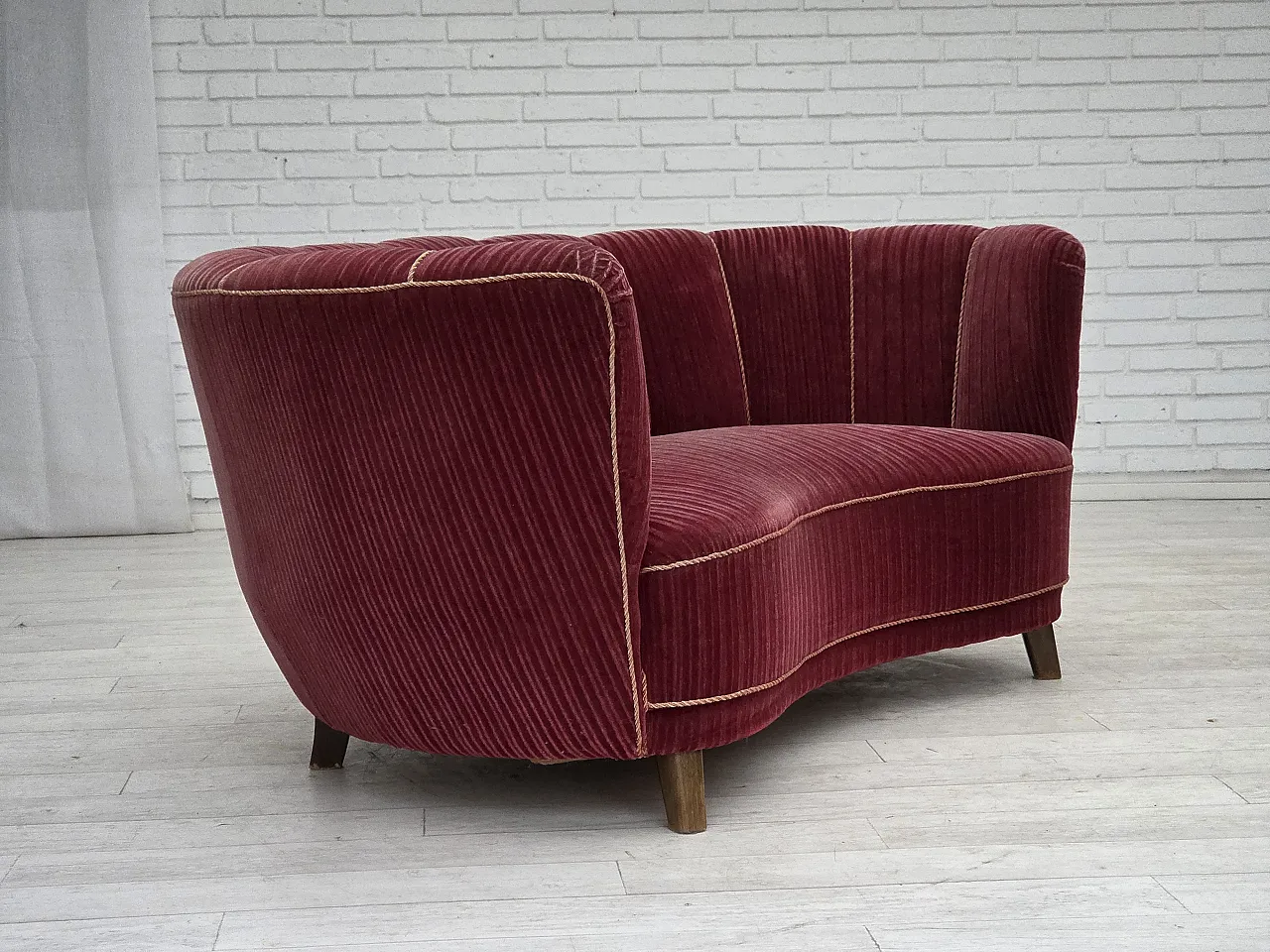 Danish 2-seater Banana sofa, red velour, oak wood, 1960s 3