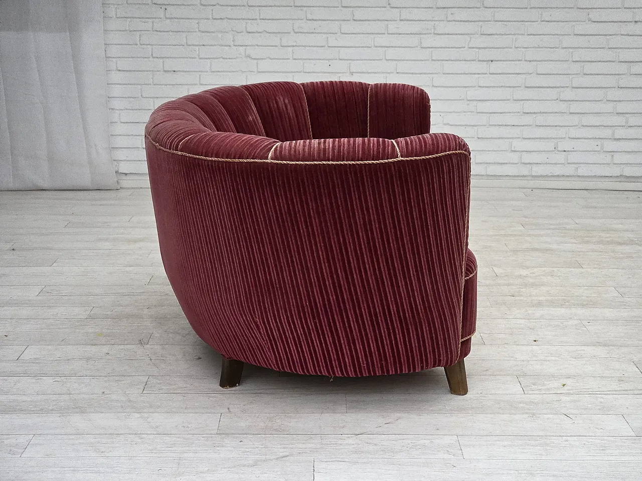 Danish 2-seater Banana sofa, red velour, oak wood, 1960s 4