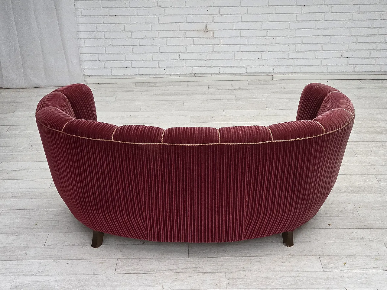 Danish 2-seater Banana sofa, red velour, oak wood, 1960s 6