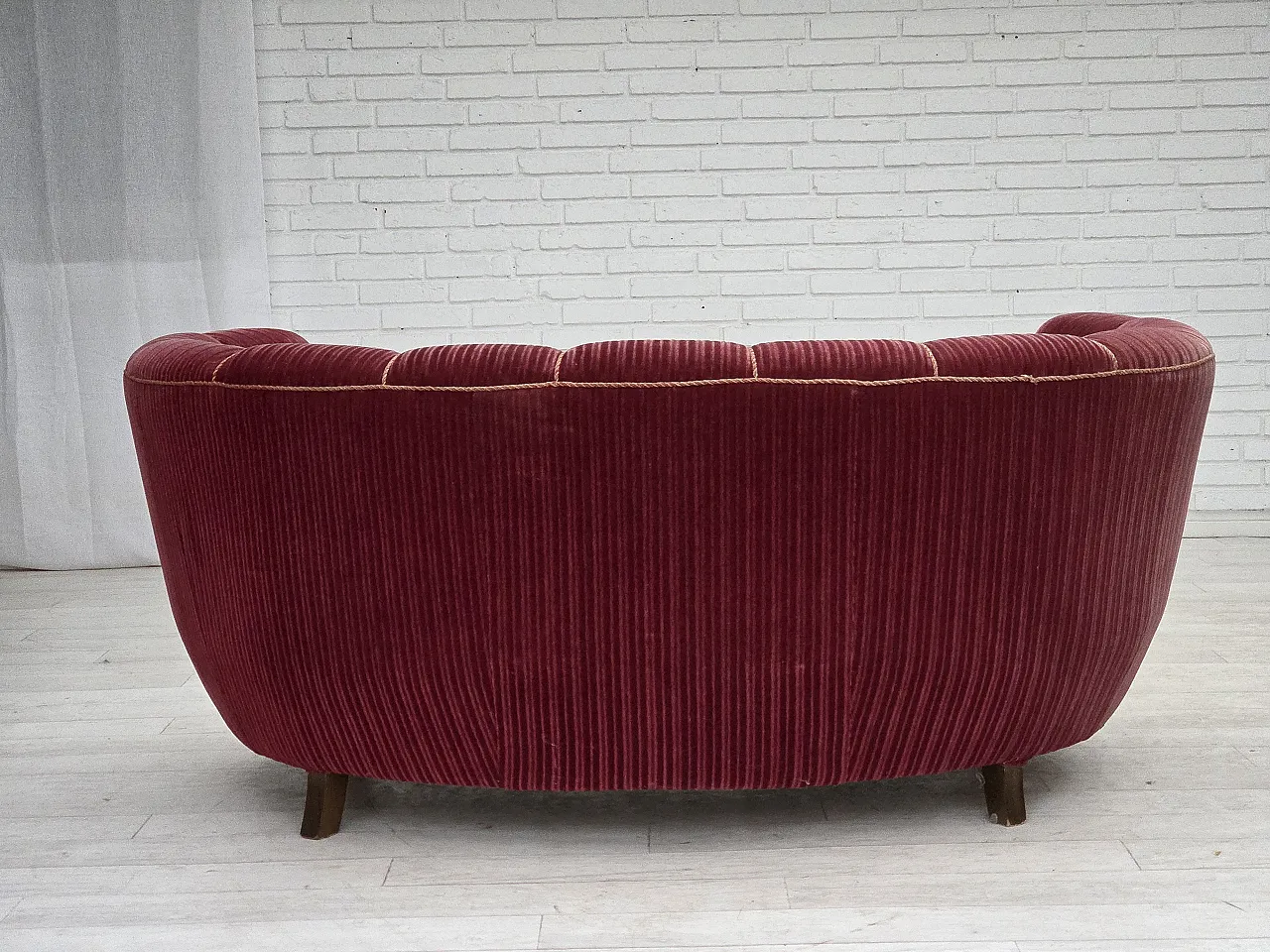 Danish 2-seater Banana sofa, red velour, oak wood, 1960s 7