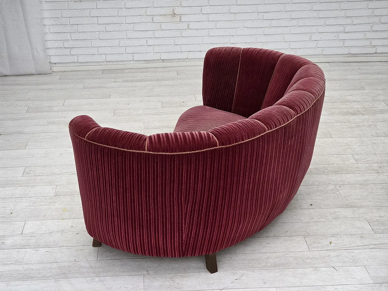 Danish 2-seater Banana sofa, red velour, oak wood, 1960s 8