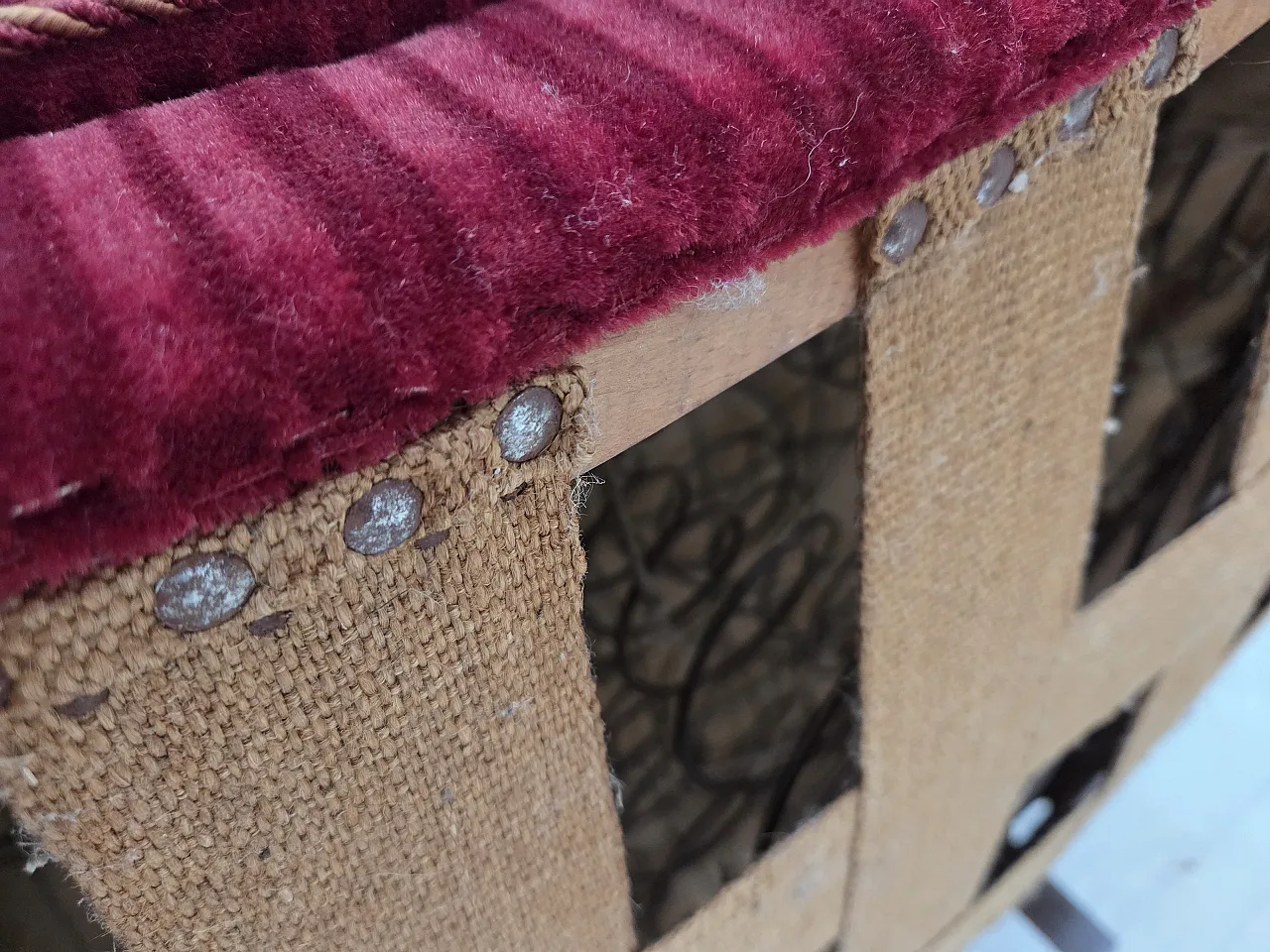 Danish 2-seater Banana sofa, red velour, oak wood, 1960s 13