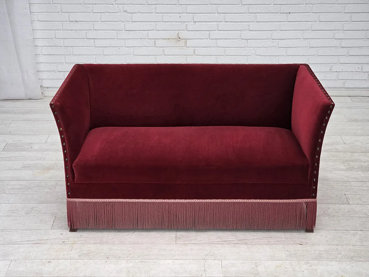 Danish 2-seater sofa, cherry-red velour, 1970s 1