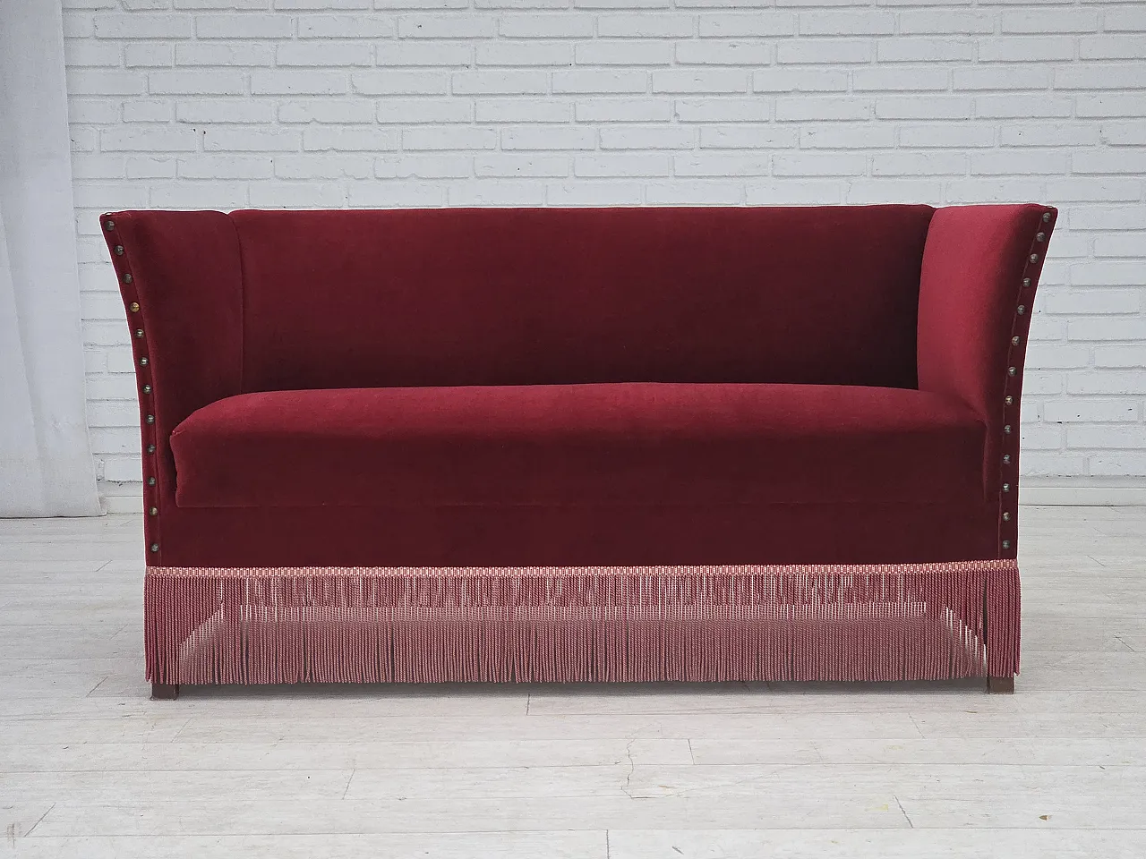 Danish 2-seater sofa, cherry-red velour, 1970s 2