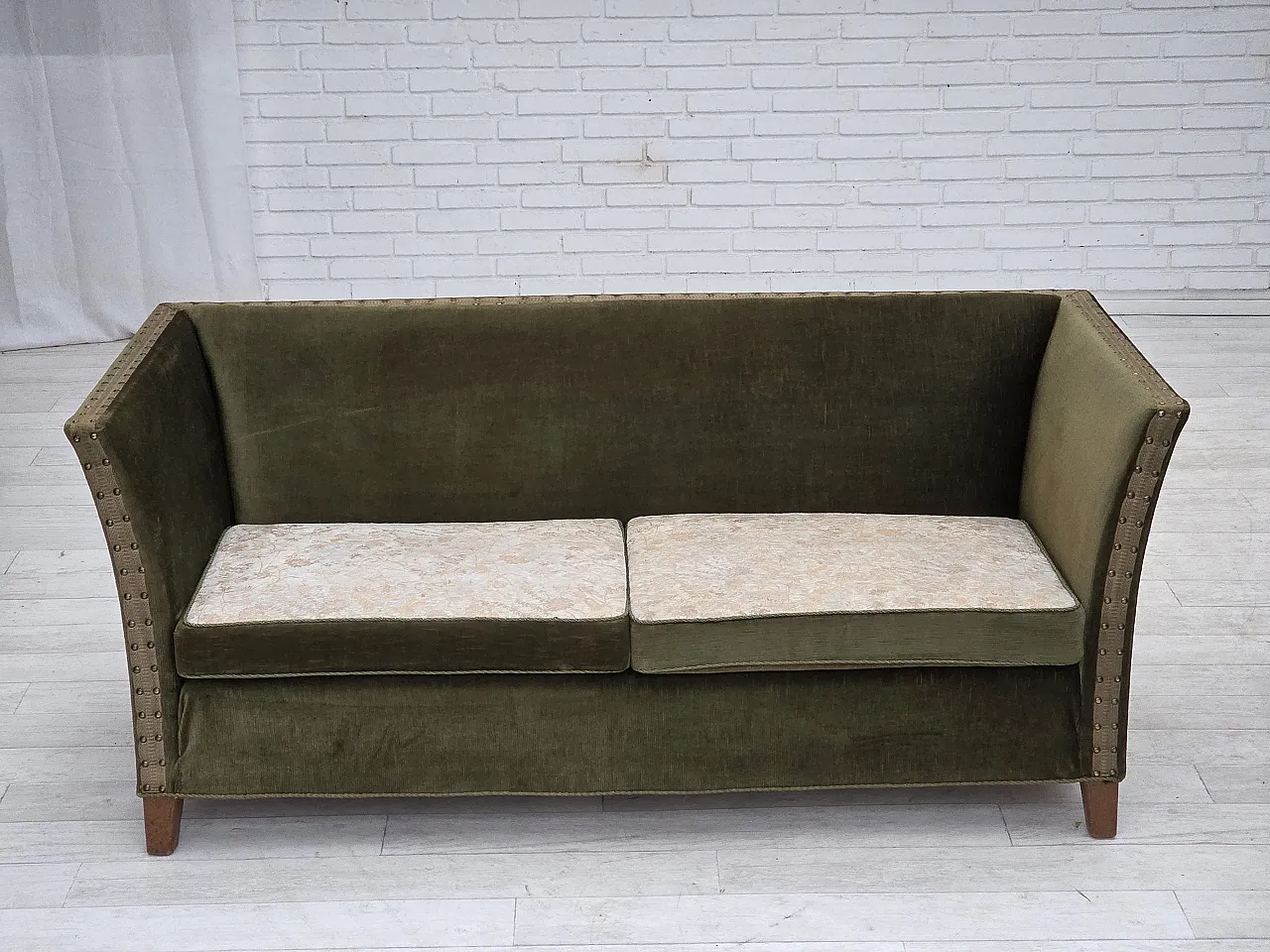 Danish 2-seater sofa, green velour, oak wood, 1970s 1