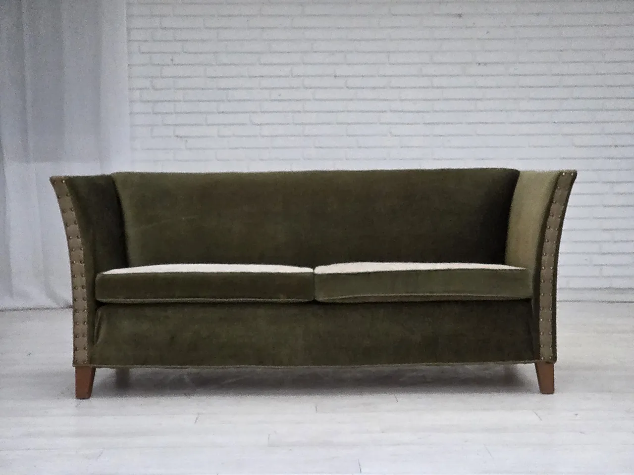 Danish 2-seater sofa, green velour, oak wood, 1970s 2