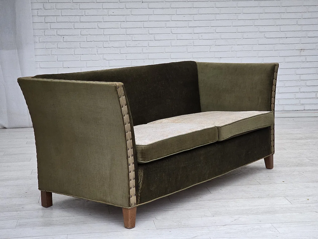 Danish 2-seater sofa, green velour, oak wood, 1970s 5