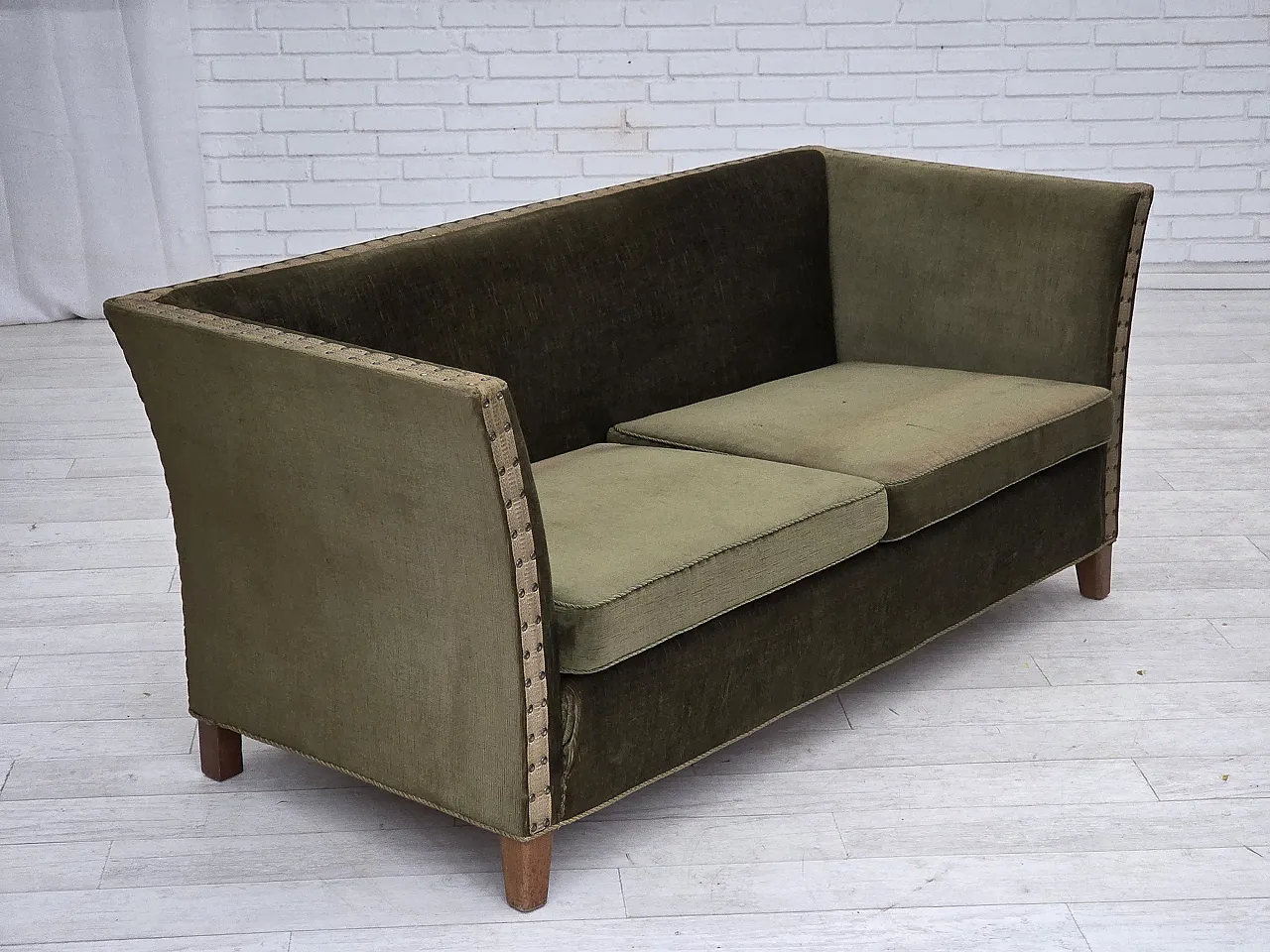 Danish 2-seater sofa, green velour, oak wood, 1970s 8
