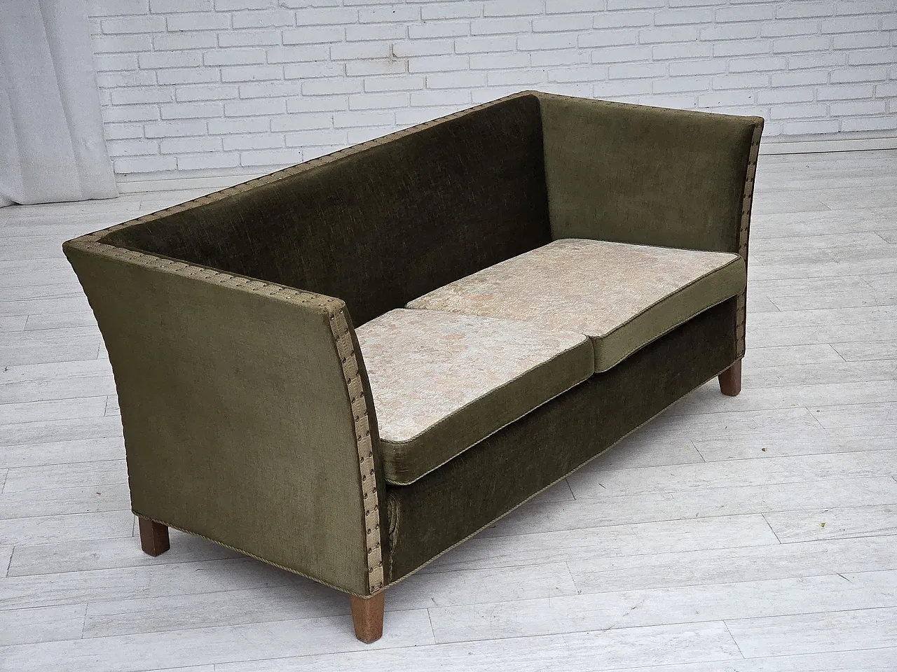 Danish 2-seater sofa, green velour, oak wood, 1970s 9