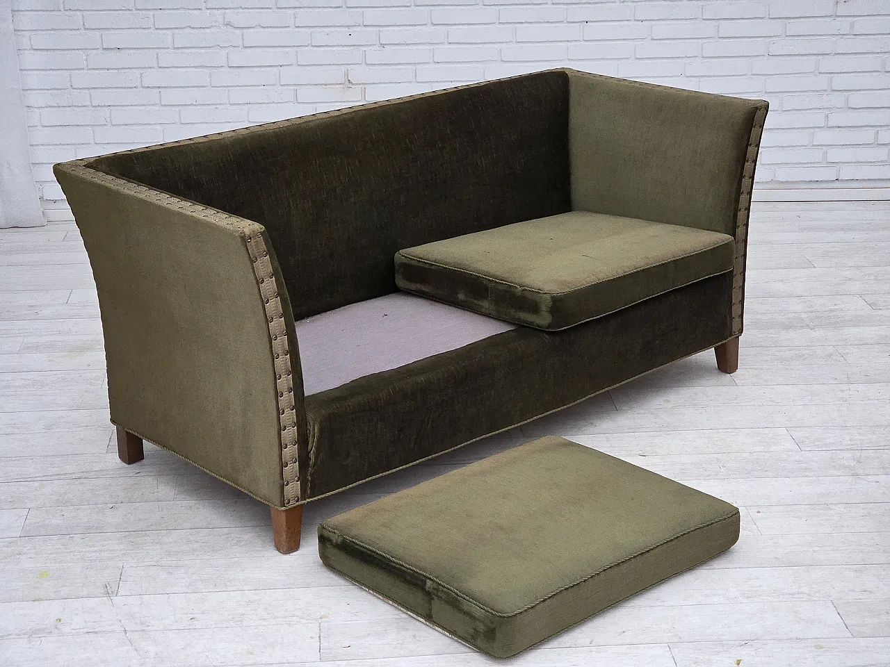 Danish 2-seater sofa, green velour, oak wood, 1970s 10